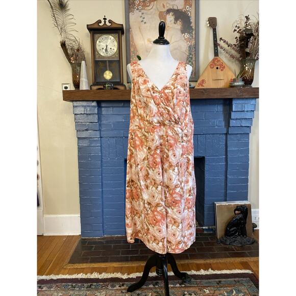 Lands' End Floral Smocked Tank Dress 3X 24W Plus Size Midi V-Neck 100% Cotton - Picture 1 of 11